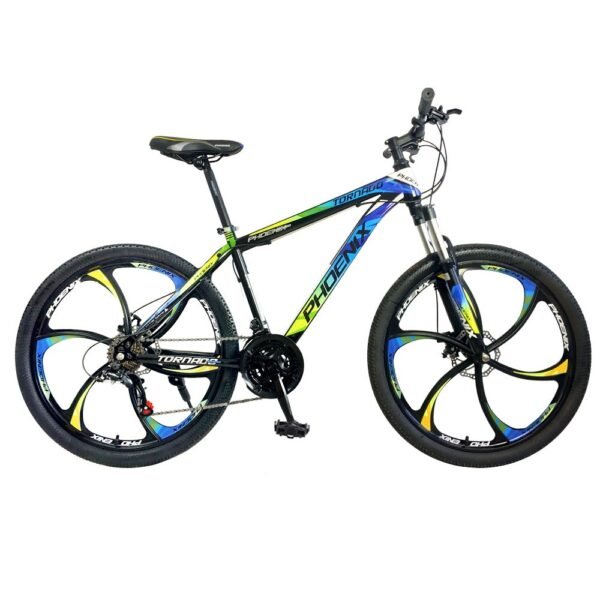Bicicleta mountain bike 26 inch cadru otel frane pe disc 21 viteze shimano albastru galben tornado